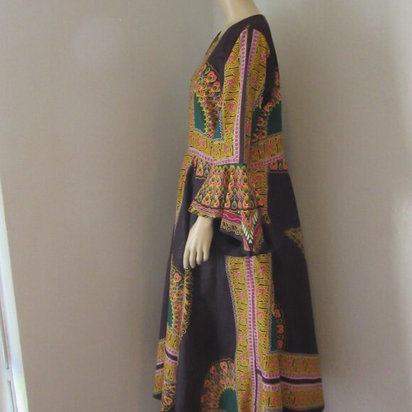 Ray Darten Multicolor African Theme Pattern Bell Sleeves XXL Full Circle Dress - Picture 3 of 5
